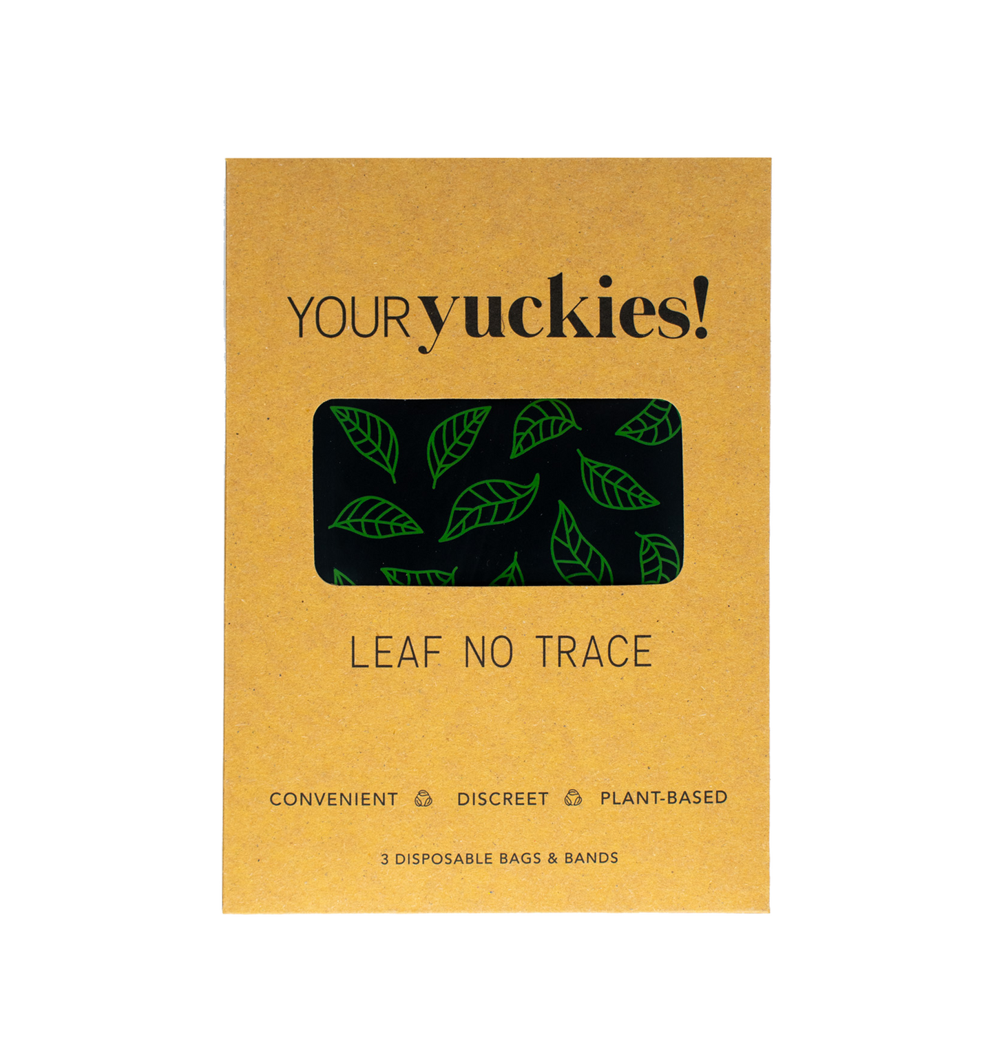 Black and green patterned leaves in a brown packaging rectangle